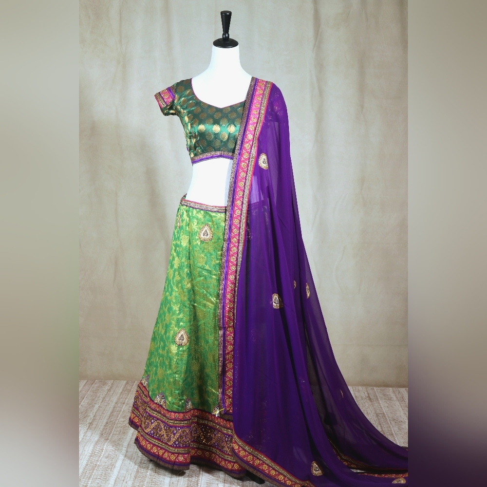 Green and Purple Banarasi Silk Lehenga with Zari Weaving and Embroidered Dupatta